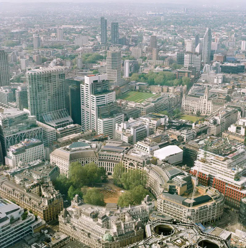A cityscape with a large building and a park.
